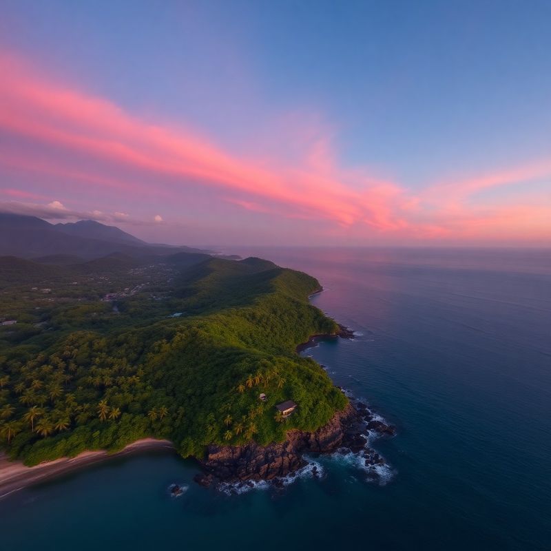Vista aérea de la costa pacífica costarricense al atardecer