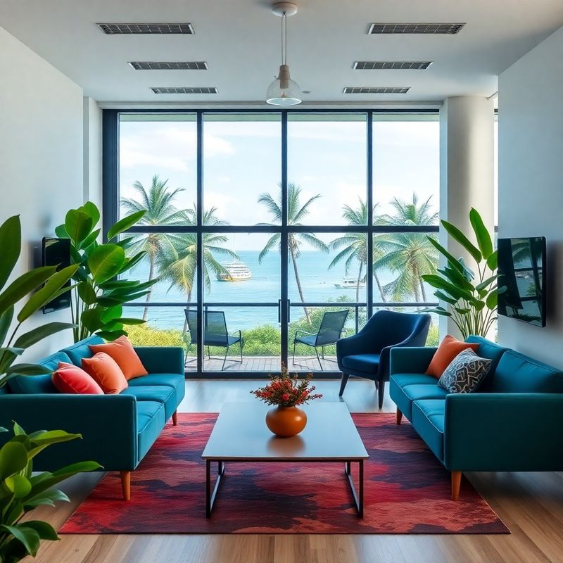 Interior de oficina moderna con vista a la bahía de Puntarenas