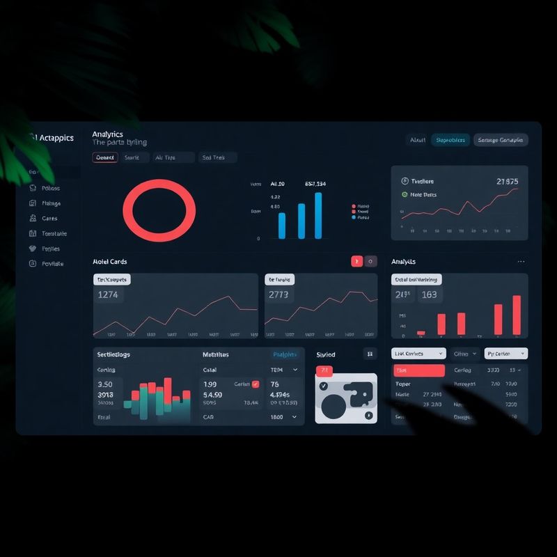 Captura de un dashboard de analítica en modo oscuro con acentos coral